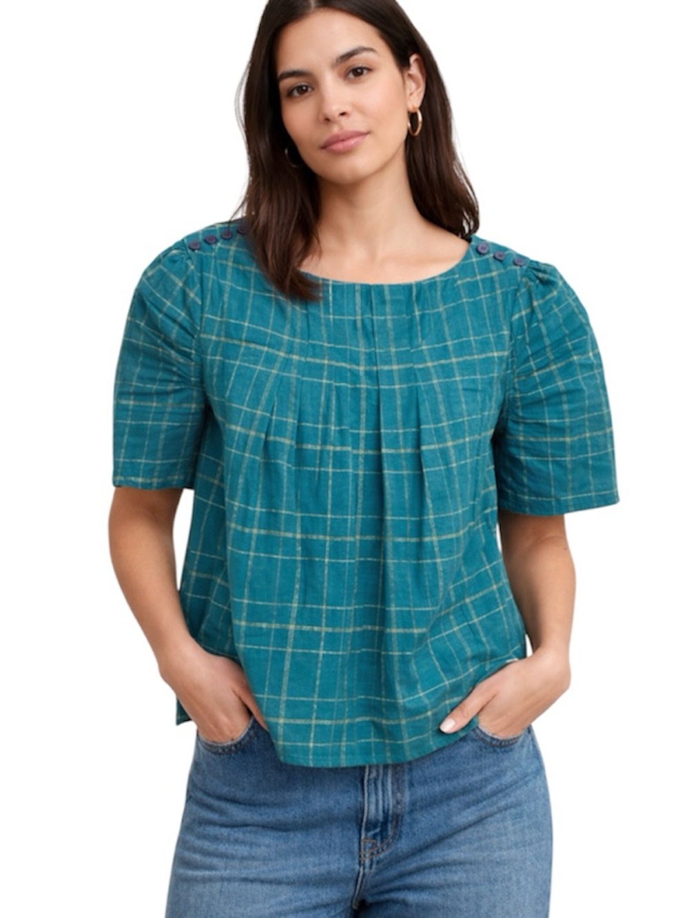 Marc By Marc Jacobs Teal Metallic Plaid Puff Sleeve Cotton Top